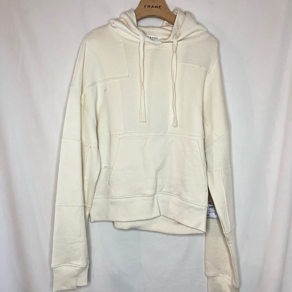 FRAME Off-White Patchwork Hoodie Women’s Cropped Pullover Sweatshirt - Picture 1 of 8